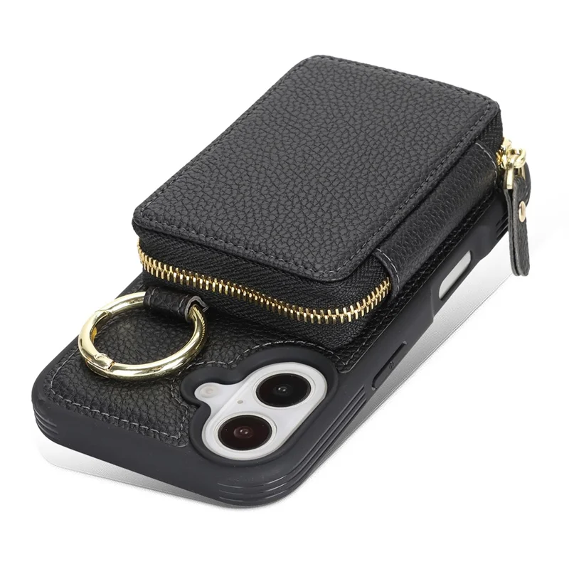 Funda cartera con cremallera para iPhone 16, funda trasera de cuero con textura de litchi y soporte de anillo metálico - Negro