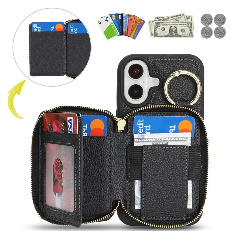 Funda cartera con cremallera para iPhone 16, funda trasera de cuero con textura de litchi y soporte de anillo metálico - Negro