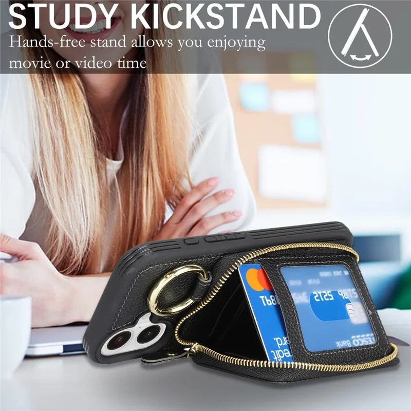 Funda cartera con cremallera para iPhone 16, funda trasera de cuero con textura de litchi y soporte de anillo metálico - Negro