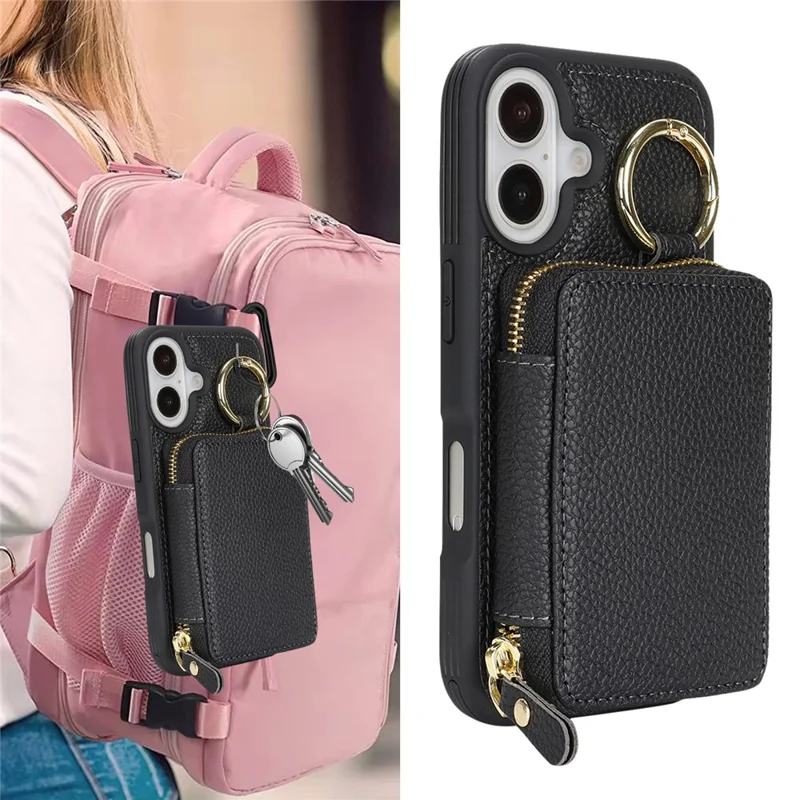 Funda cartera con cremallera para iPhone 16, funda trasera de cuero con textura de litchi y soporte de anillo metálico - Negro