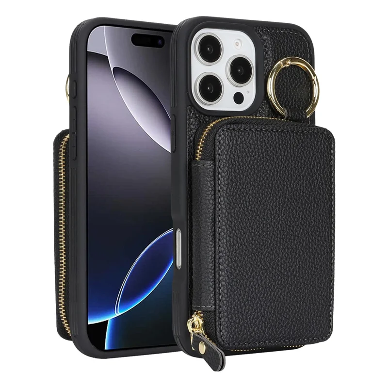 For iPhone 16 Pro Max Zipper Wallet Case Litchi Texture Leather Back Phone Cover with Metal Ring Holder - Black