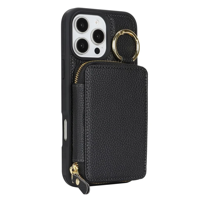 For iPhone 16 Pro Max Zipper Wallet Case Litchi Texture Leather Back Phone Cover with Metal Ring Holder - Black