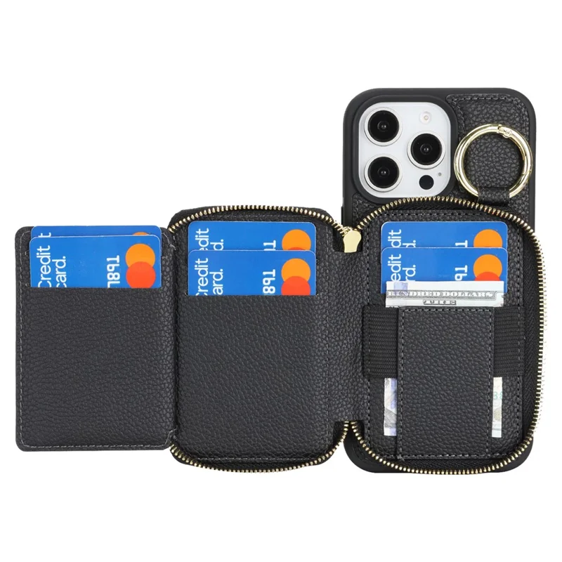 For iPhone 16 Pro Max Zipper Wallet Case Litchi Texture Leather Back Phone Cover with Metal Ring Holder - Black