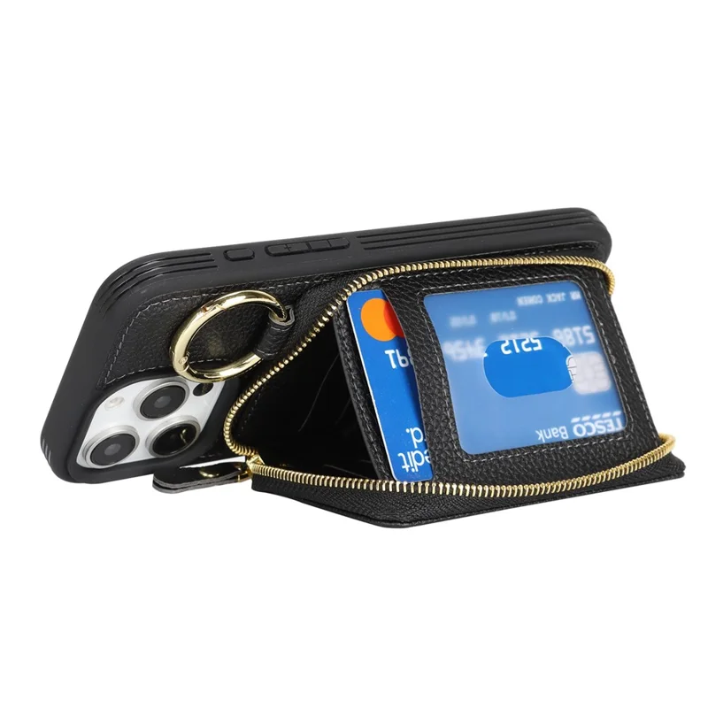 For iPhone 16 Pro Max Zipper Wallet Case Litchi Texture Leather Back Phone Cover with Metal Ring Holder - Black