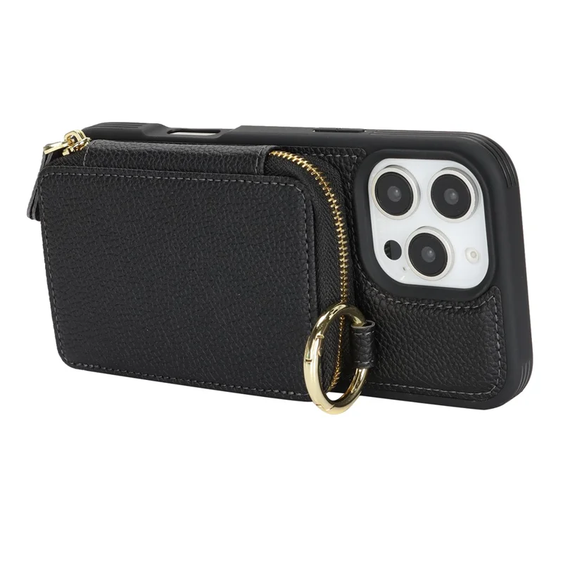 For iPhone 16 Pro Max Zipper Wallet Case Litchi Texture Leather Back Phone Cover with Metal Ring Holder - Black