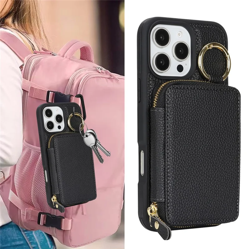 For iPhone 16 Pro Max Zipper Wallet Case Litchi Texture Leather Back Phone Cover with Metal Ring Holder - Black
