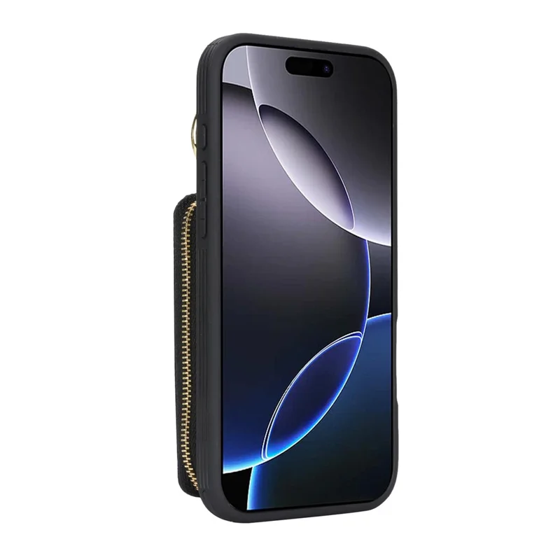For iPhone 16 Pro Max Zipper Wallet Case Litchi Texture Leather Back Phone Cover with Metal Ring Holder - Black