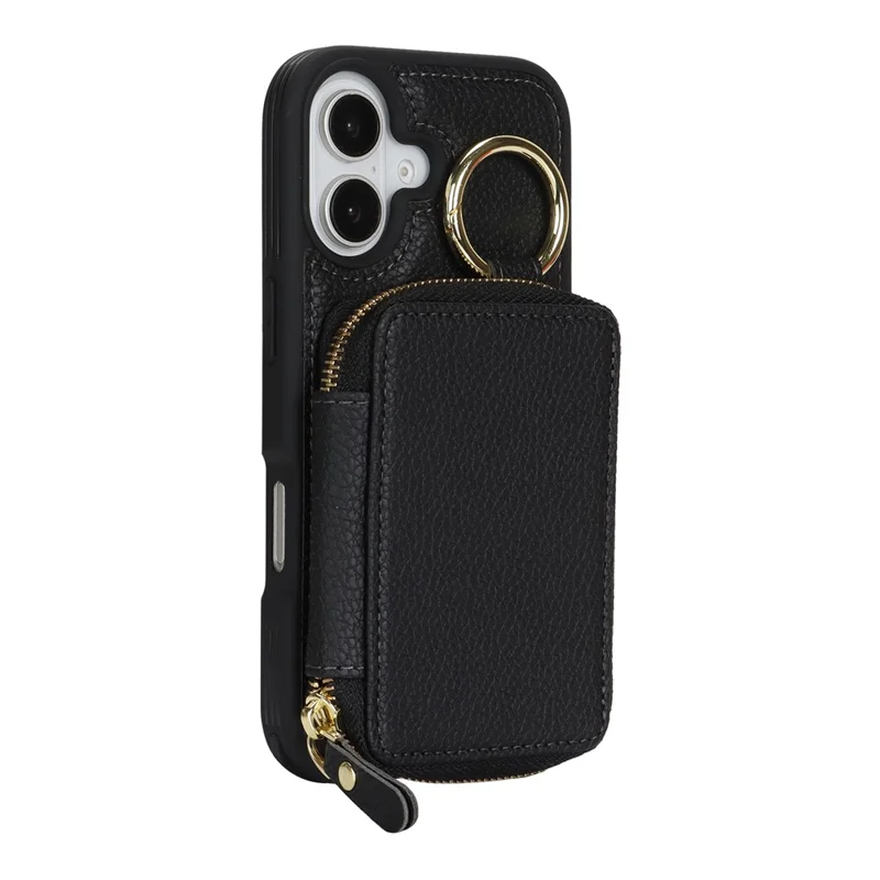 För iPhone 17 fäckligt hölster med blixtlås och plånbok Litchi-struktur Läderbak med metallringhållare - Svart