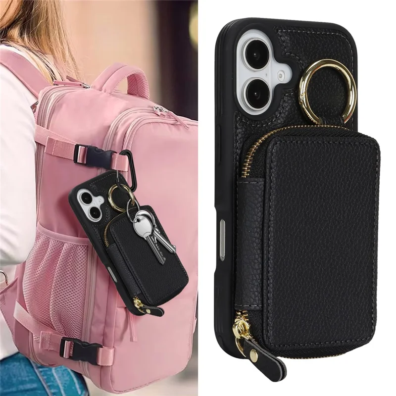 För iPhone 17 fäckligt hölster med blixtlås och plånbok Litchi-struktur Läderbak med metallringhållare - Svart