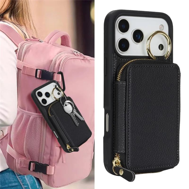 För iPhone 17 Pro fälgklämma hylsa med pärm av lönnfruktstruktur lättsammet rygg mobilhölje med metallringhållare - Svart