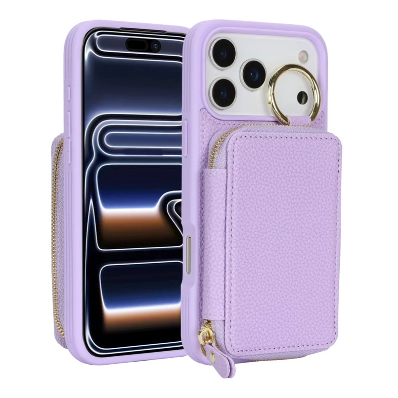 For iPhone 17 Pro Zipper Wallet Case Litchi Texture Leather Back Phone Cover with Metal Ring Holder - Purple