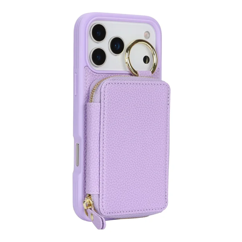 For iPhone 17 Pro Zipper Wallet Case Litchi Texture Leather Back Phone Cover with Metal Ring Holder - Purple