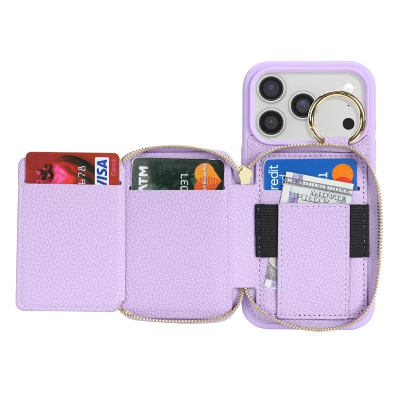 For iPhone 17 Pro Zipper Wallet Case Litchi Texture Leather Back Phone Cover with Metal Ring Holder - Purple