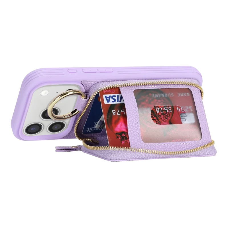For iPhone 17 Pro Zipper Wallet Case Litchi Texture Leather Back Phone Cover with Metal Ring Holder - Purple