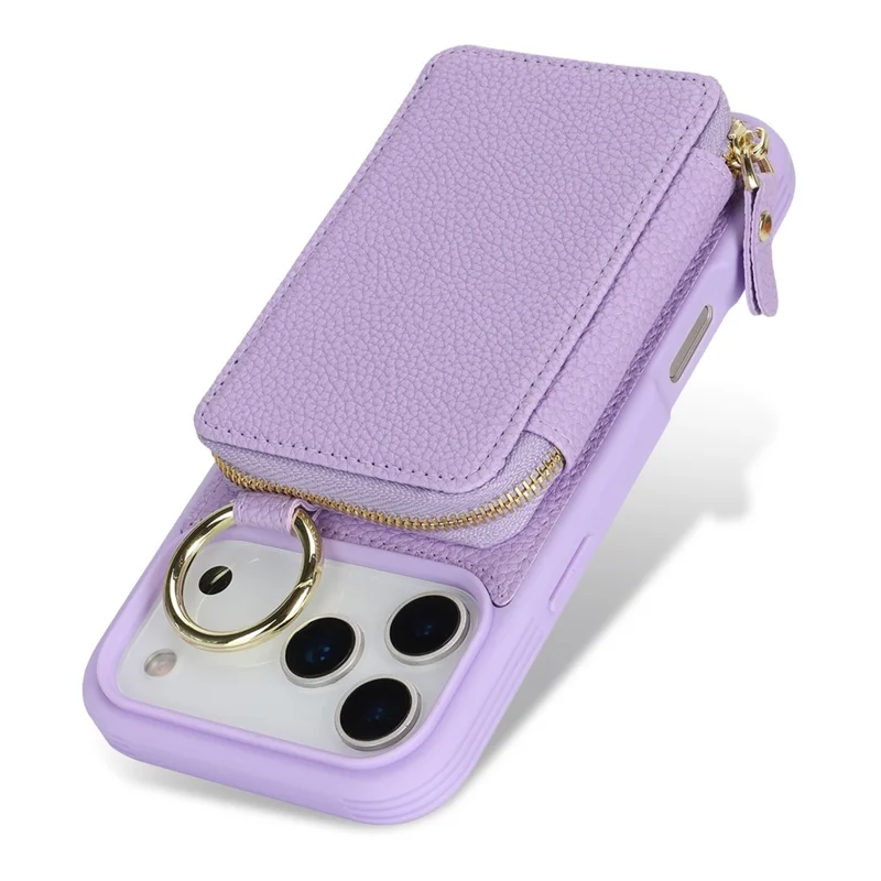 For iPhone 17 Pro Zipper Wallet Case Litchi Texture Leather Back Phone Cover with Metal Ring Holder - Purple