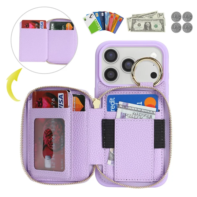 For iPhone 17 Pro Zipper Wallet Case Litchi Texture Leather Back Phone Cover with Metal Ring Holder - Purple