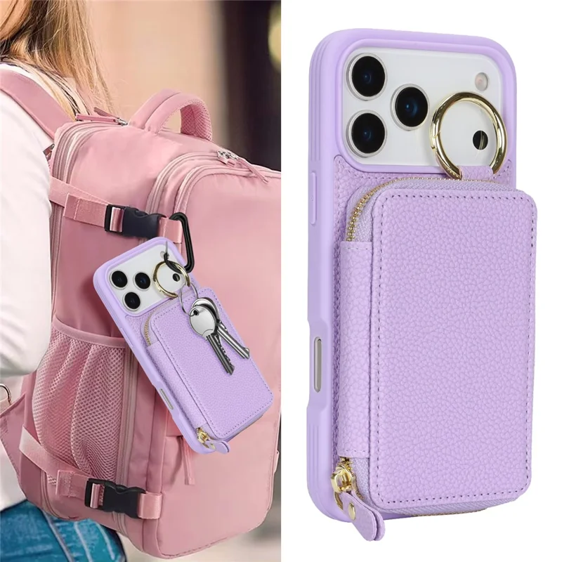 For iPhone 17 Pro Zipper Wallet Case Litchi Texture Leather Back Phone Cover with Metal Ring Holder - Purple
