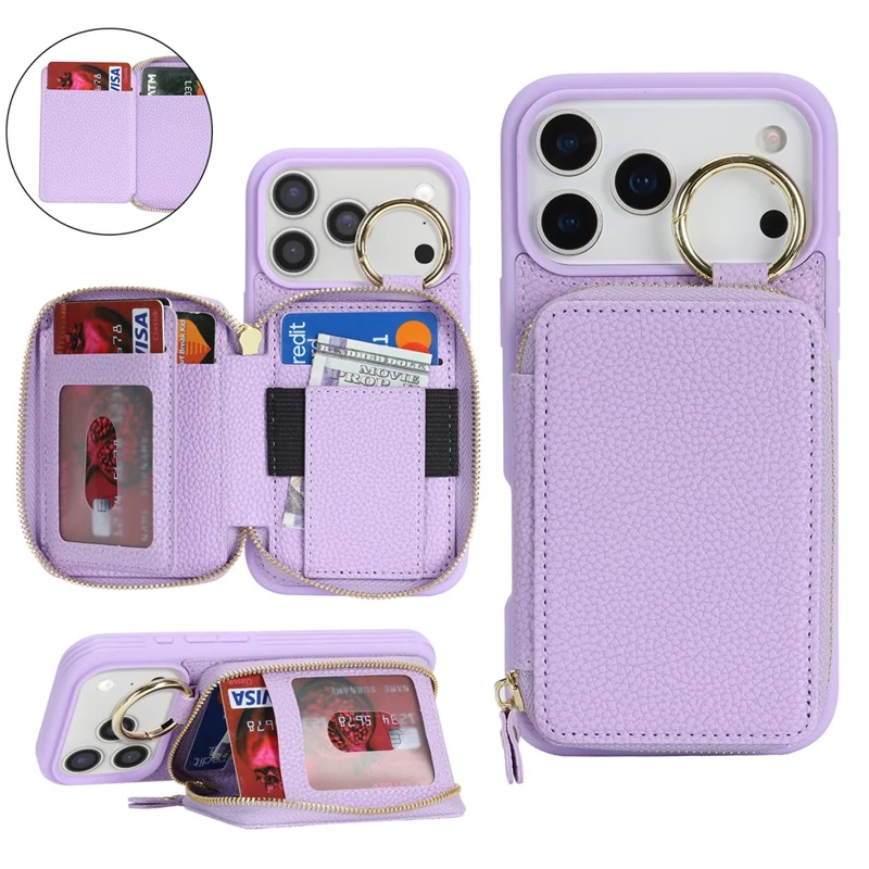For iPhone 17 Pro Zipper Wallet Case Litchi Texture Leather Back Phone Cover with Metal Ring Holder - Purple