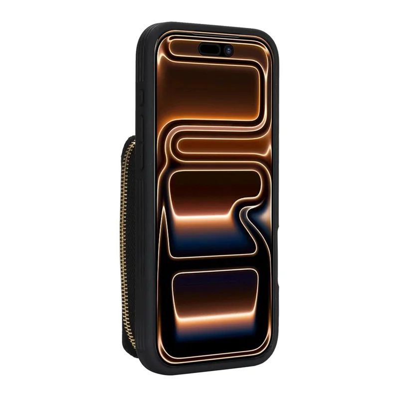 للهاتف iPhone 17 Pro Max غطاء محفظة بسحّاب وتصميم جلد بنسيج تشيتشي مع حامل حلقة معدنية - أسود