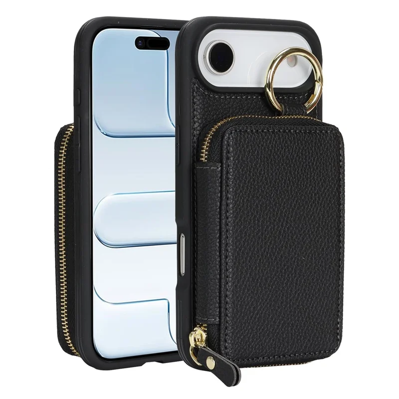 Capa Carteira com Zíper para iPhone Air, Capa Traseira em Couro com Textura de Lichia e Suporte de Anel Metálico - Preto