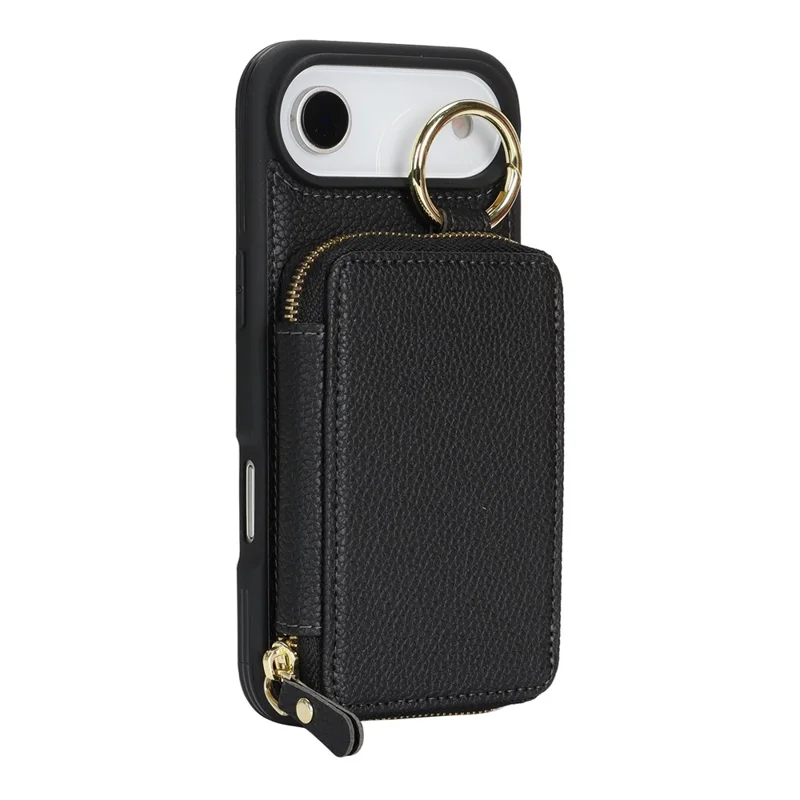 Capa Carteira com Zíper para iPhone Air, Capa Traseira em Couro com Textura de Lichia e Suporte de Anel Metálico - Preto