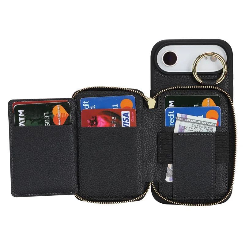 Capa Carteira com Zíper para iPhone Air, Capa Traseira em Couro com Textura de Lichia e Suporte de Anel Metálico - Preto