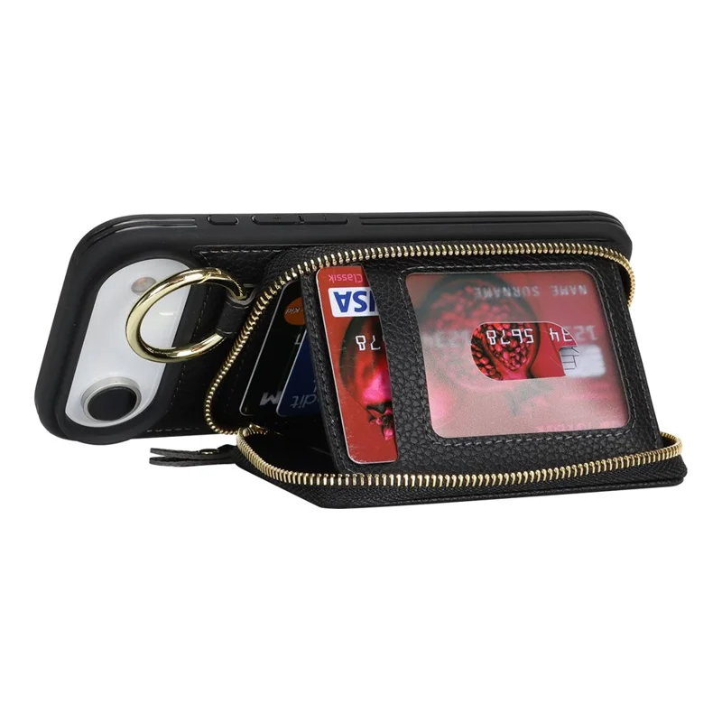 Capa Carteira com Zíper para iPhone Air, Capa Traseira em Couro com Textura de Lichia e Suporte de Anel Metálico - Preto