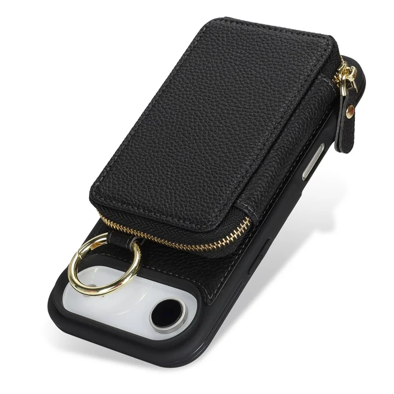 Capa Carteira com Zíper para iPhone Air, Capa Traseira em Couro com Textura de Lichia e Suporte de Anel Metálico - Preto