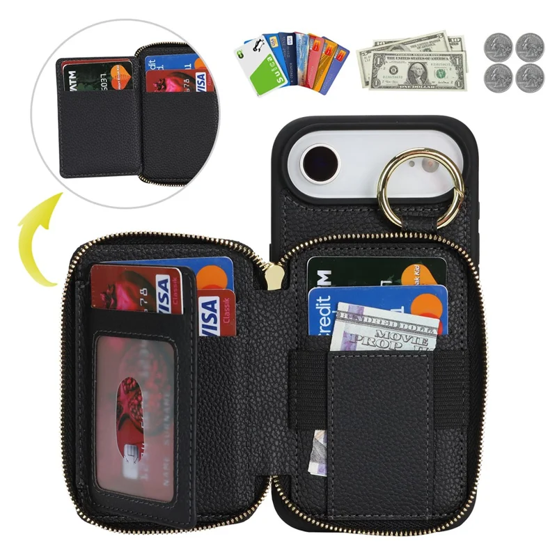 Capa Carteira com Zíper para iPhone Air, Capa Traseira em Couro com Textura de Lichia e Suporte de Anel Metálico - Preto