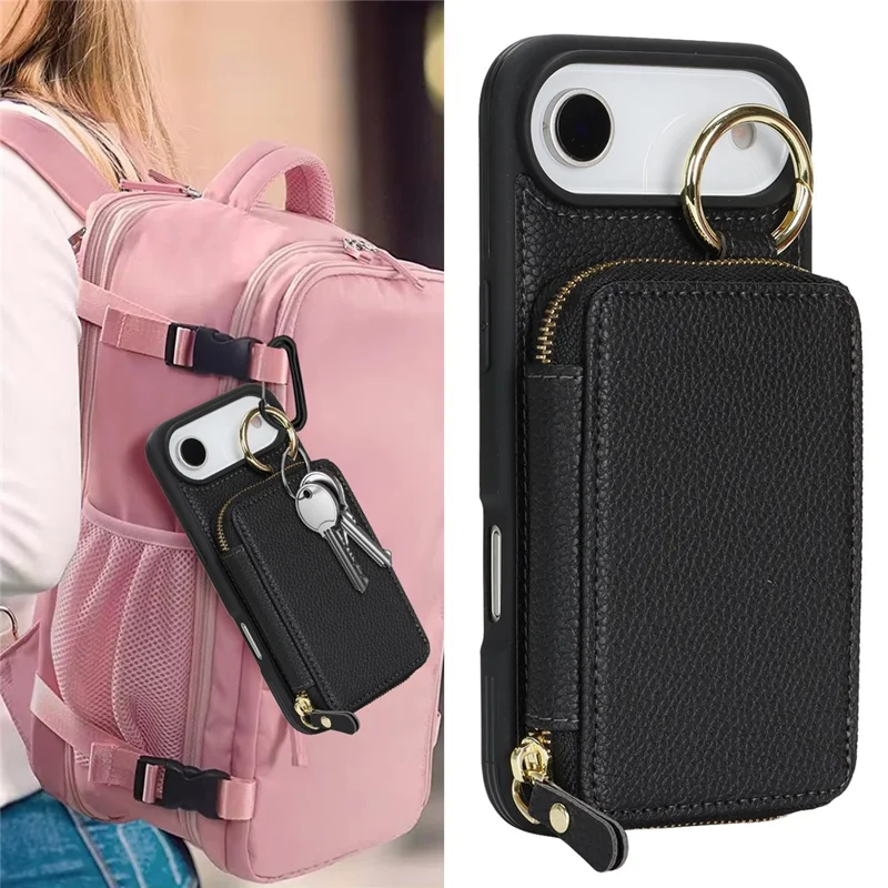 Capa Carteira com Zíper para iPhone Air, Capa Traseira em Couro com Textura de Lichia e Suporte de Anel Metálico - Preto