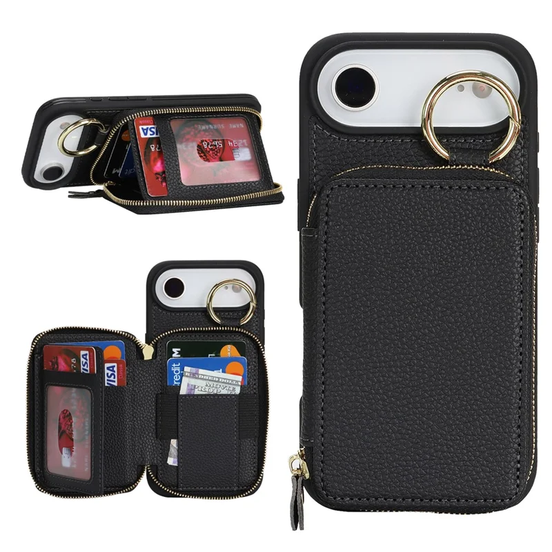 Capa Carteira com Zíper para iPhone Air, Capa Traseira em Couro com Textura de Lichia e Suporte de Anel Metálico - Preto
