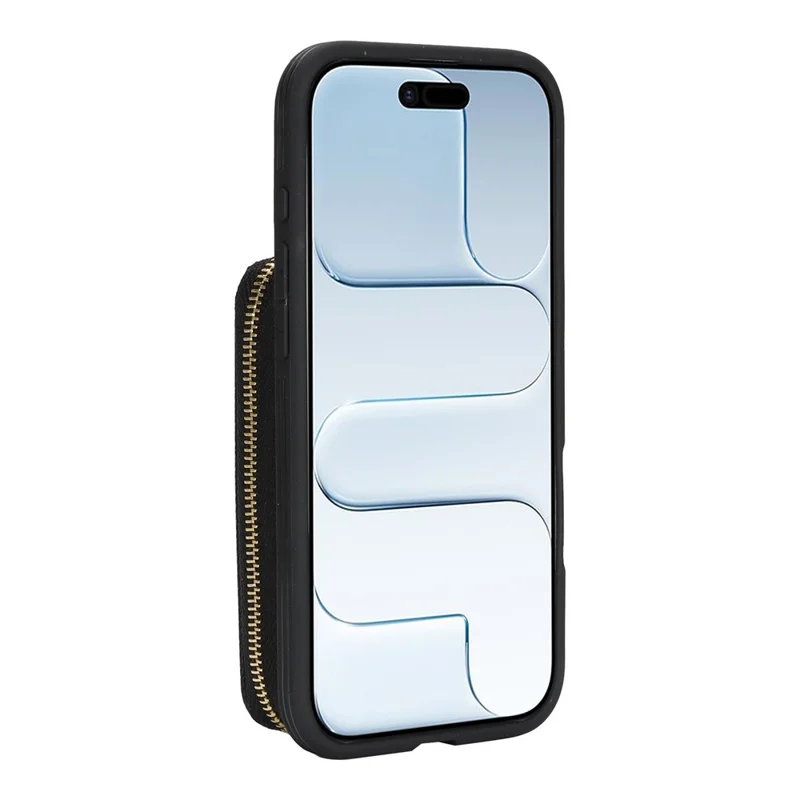 Capa Carteira com Zíper para iPhone Air, Capa Traseira em Couro com Textura de Lichia e Suporte de Anel Metálico - Preto