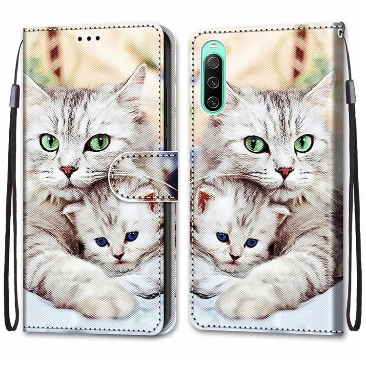 Für Sony Xperia 10 IV 5G Musterbedruckter stoßfester Geldbörsenfall PU-Leder Ständer Flip Telefonabdeckung mit Handschlaufe - B05 Große Katze umarmt Kätzchen