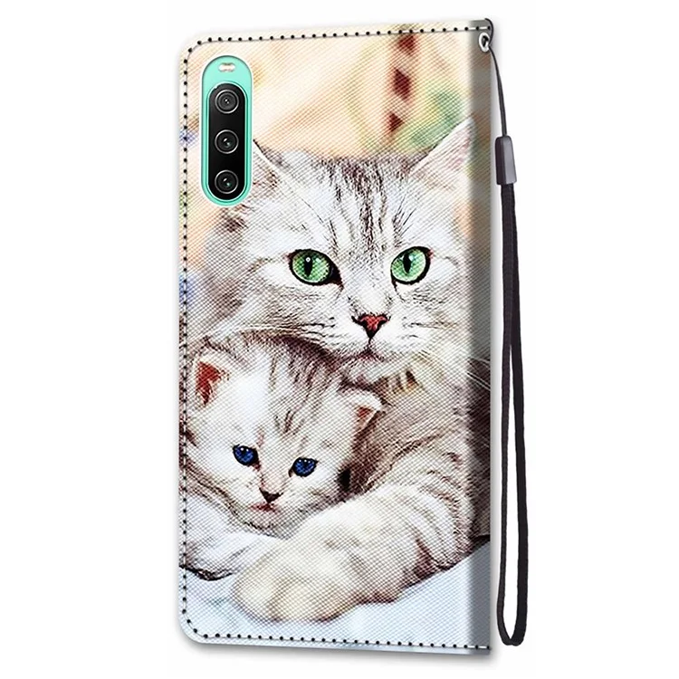 Für Sony Xperia 10 IV 5G Musterbedruckter stoßfester Geldbörsenfall PU-Leder Ständer Flip Telefonabdeckung mit Handschlaufe - B05 Große Katze umarmt Kätzchen