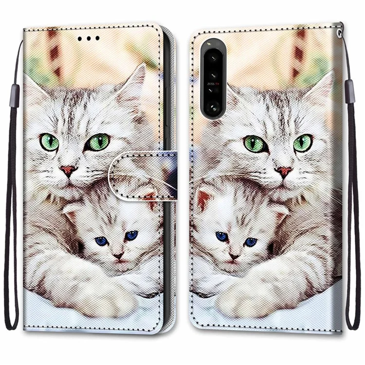 Custodia in pelle PU per Sony Xperia 1 IV 5G, custodia per telefono con stampa a motivo e supporto, con cinturino da polso - B05 Gatto grande che abbraccia il gattino