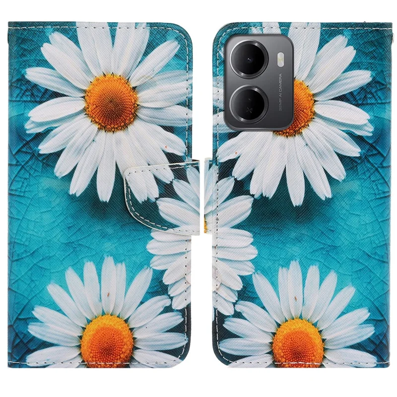 Capa para Xiaomi Redmi 15a 5G com Impressão de Padrão, Capa Protetora em Couro Tipo Pasta com Alça de Pulso - Crisântemo