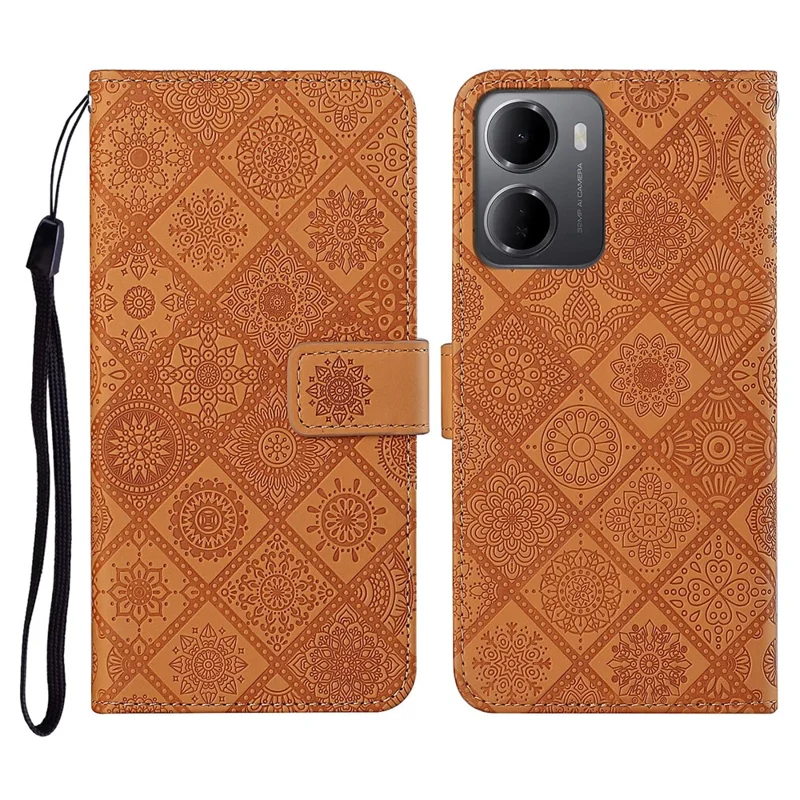 Capa de Couro para Xiaomi Redmi 15a 5G, Capa Carteira com Estilo Étnico e Alça - Marrom
