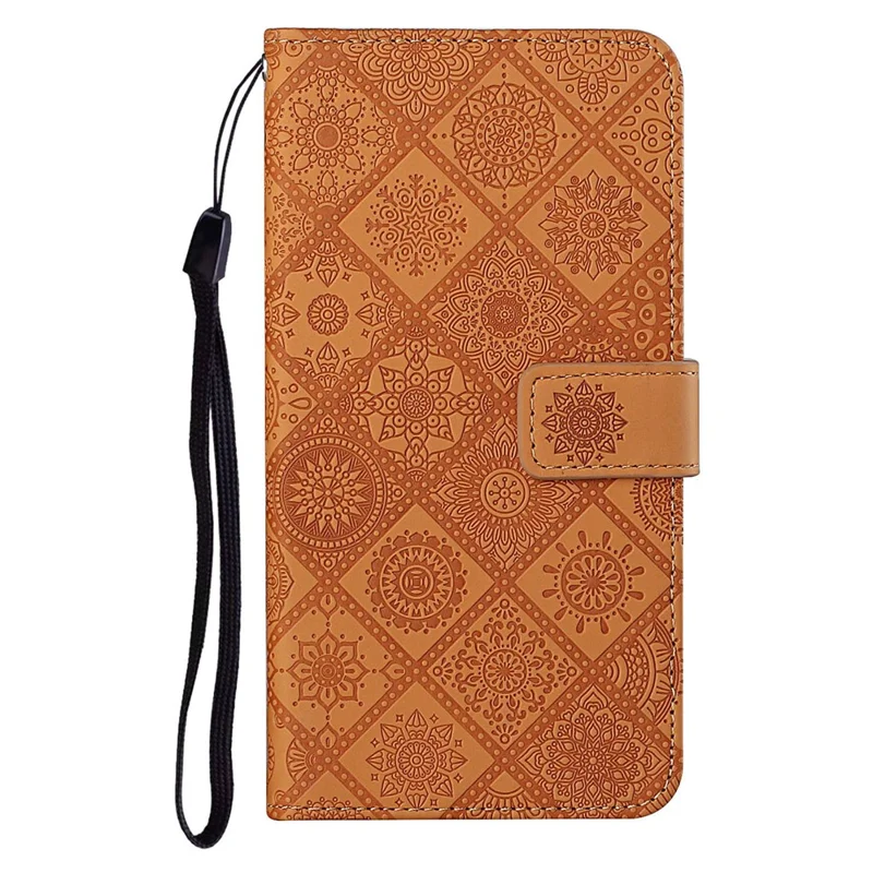 Capa de Couro para Xiaomi Redmi 15a 5G, Capa Carteira com Estilo Étnico e Alça - Marrom