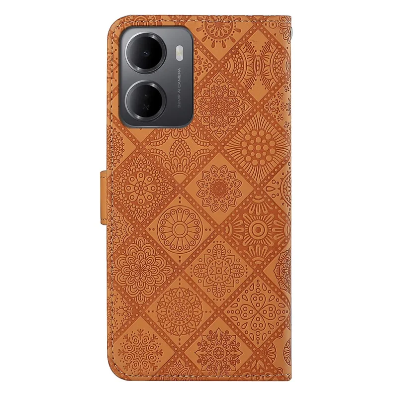 Capa de Couro para Xiaomi Redmi 15a 5G, Capa Carteira com Estilo Étnico e Alça - Marrom