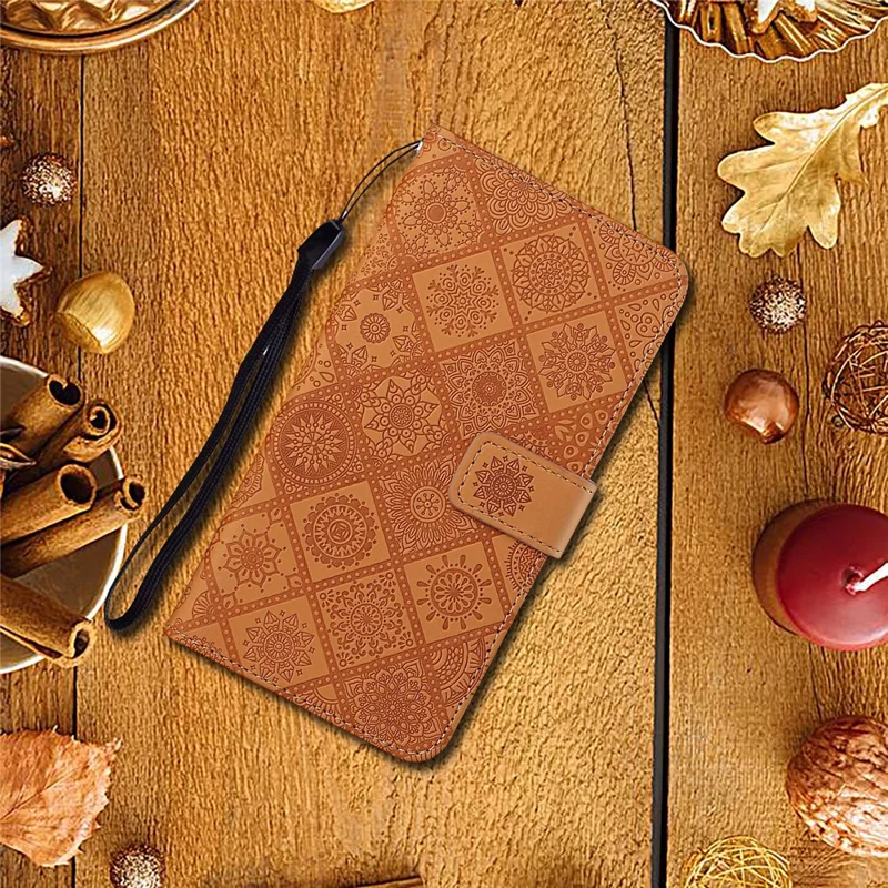 Capa de Couro para Xiaomi Redmi 15a 5G, Capa Carteira com Estilo Étnico e Alça - Marrom