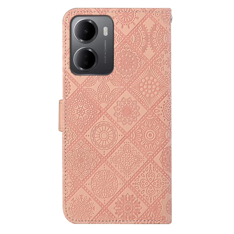 Чехол для Xiaomi Redmi 15a 5G, кожаный чехол в этническом стиле с отделением для карт и ремешком — розовый