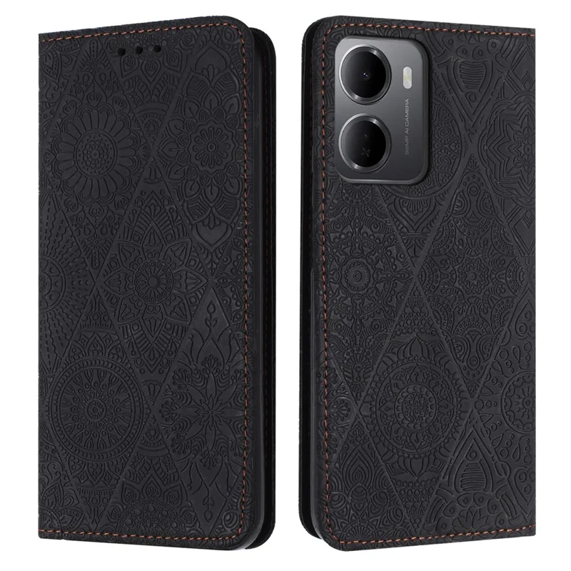 Capa para Xiaomi Redmi 15a 5G com Carteira de Flores Estampadas, Suporte, Capa em Couro para Telemóvel - Preto