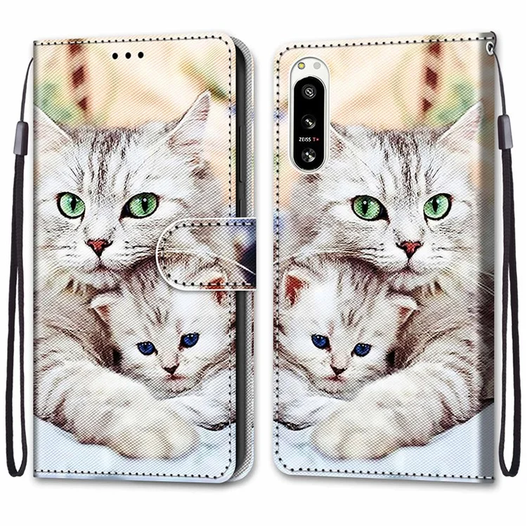 Para Sony Xperia 5 IV 5G Patrón de impresión Funda de teléfono móvil de cuero PU con correa para la muñeca Flip Wallet Case Stand - B05 Gato grande abrazando gatito