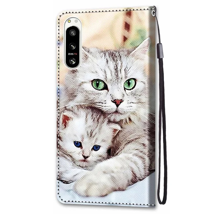 Para Sony Xperia 5 IV 5G Patrón de impresión Funda de teléfono móvil de cuero PU con correa para la muñeca Flip Wallet Case Stand - B05 Gato grande abrazando gatito
