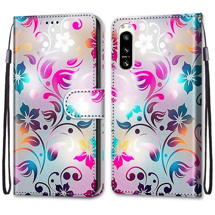 Für Sony Xperia 5 IV 5G Muster Druck PU Leder -handy -handyabdeckung Mit Handgelenkriemen Flip Wallet Hülle - B07 Farbige Blume Farbige Blume