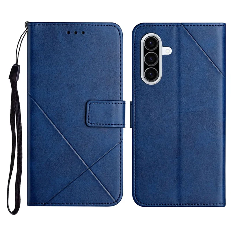 Funda de cuero con diseño de líneas para Samsung Galaxy A27, con cartera y correa de mano - Azul