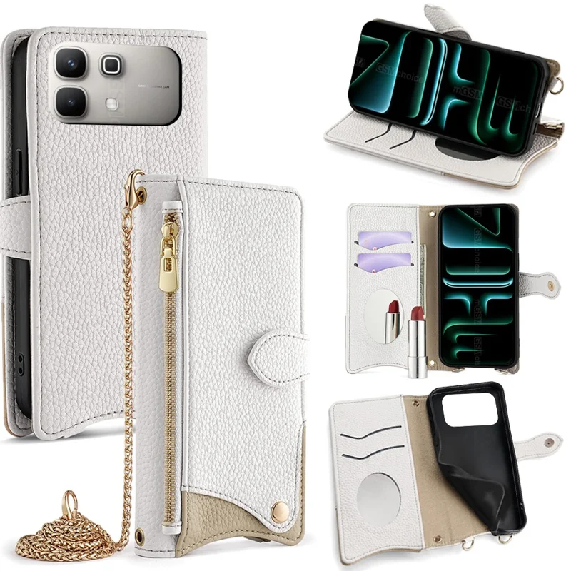 Étui en cuir pour Infinix Note 60 5G, étui portefeuille avec support et style de queue irrégulier, avec sangle de chaîne - Blanc