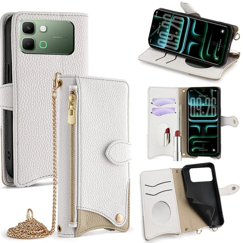 Étui en cuir pour Infinix Note Edge 5G, étui portefeuille avec support, style de queue irrégulier avec sangle à chaîne - Blanc