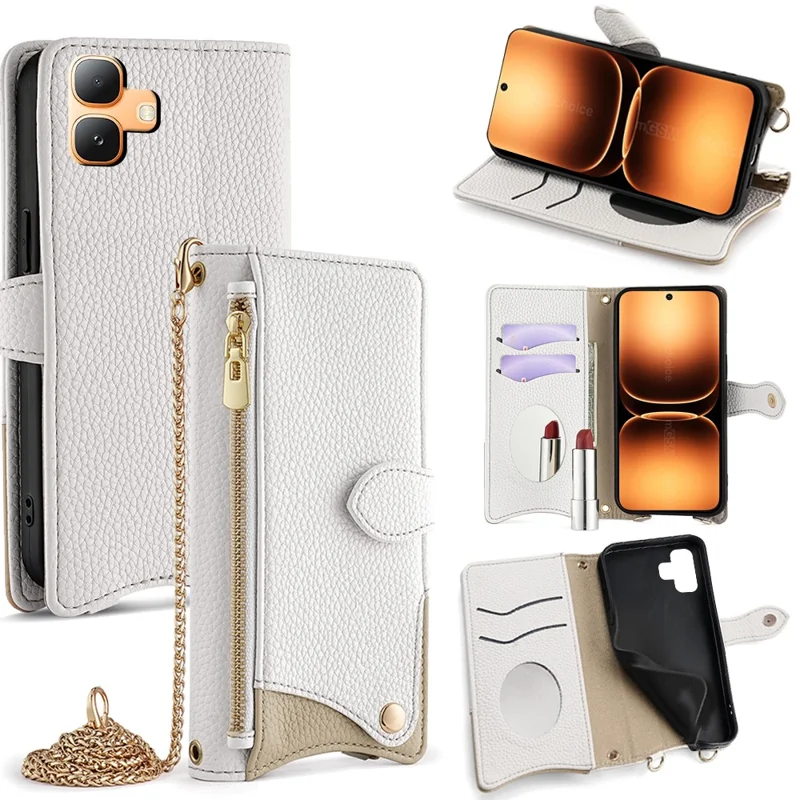 Étui en cuir pour Infinix Smart 20 4G, étui portefeuille avec support et style de queue irrégulier, avec dragonne chaîne - Blanc