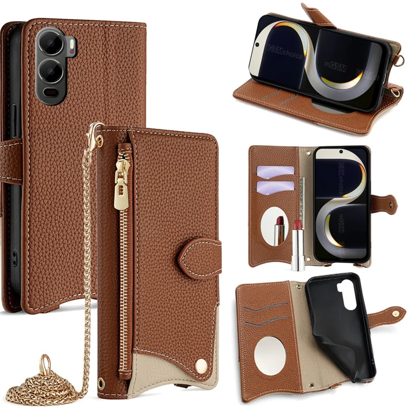 For itel City 200 Leather Case Wallet Stand Cover Irregular Tail Style with Chain Strap - Brown
